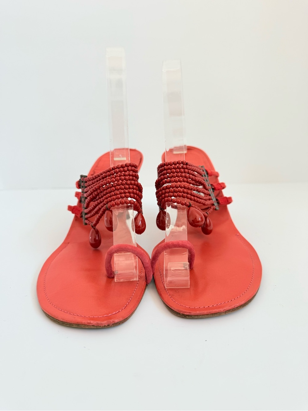 Rare Vintage Manolo Blahnik Red Beaded Toe Loop Heeled Sandals Y2K 40 - Picture 3 of 10